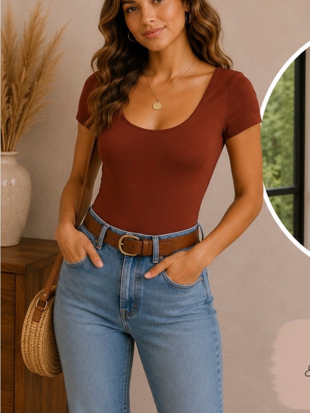 Women's Scoop Neck Short Sleeve Bodysuit - Rust